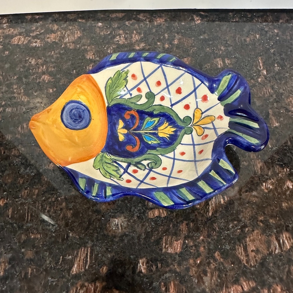 Maxcera Terra Bella Hand Painted Ceramic Fish Dish Blue Orange Glazed Holder